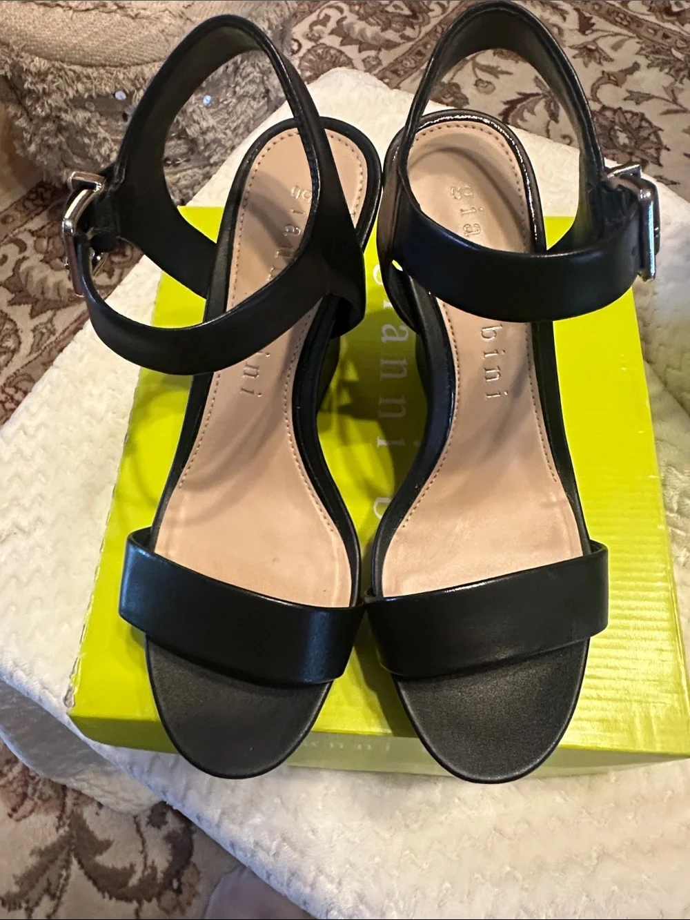 Gianni Bini Black Platform Wedge Sandals with Ankle Buckle